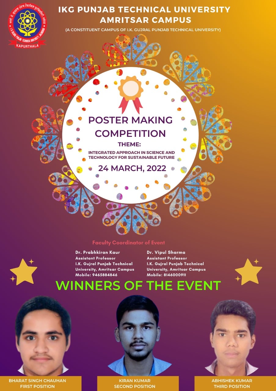 IKGPTU Amritsar Campus organized A Poster Making Competition on 24th March 2022 in which many students have participated from different departments and finally 26 students were shortlisted for final competition.